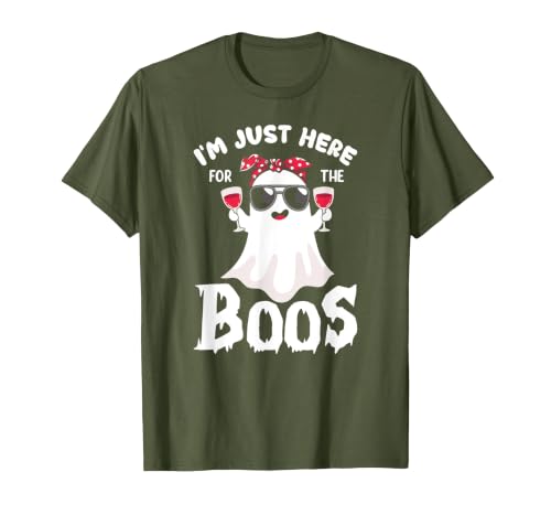 Addictive Designs Halloween Merch Funny Halloween, Just Here for the Boos, Ghost Drinking Wine T-Shirt - size chart
