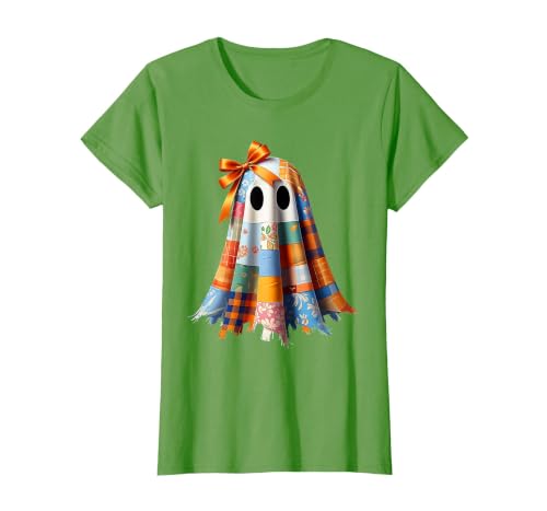 Patchwork Quilt Ghost Halloween Quilter Autumn Tee Patchwork Ghost Quilt Halloween Quilter Fall Autumn Bow Cute T-Shirt -