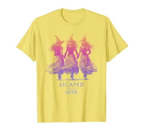 Escaped Since 1692 Halloween Escaped Since 1692 Funny Witch Halloween Design T-Shirt - size chart