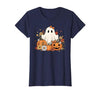 Ghost Halloween Flower Costume Floral Women Cute Ghost with Flower Halloween Pumpkin Autumn Women T-Shirt - size chart