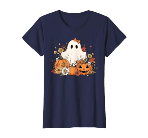 Ghost Halloween Flower Costume Floral Women Cute Ghost with Flower Halloween Pumpkin Autumn Women T-Shirt - size chart