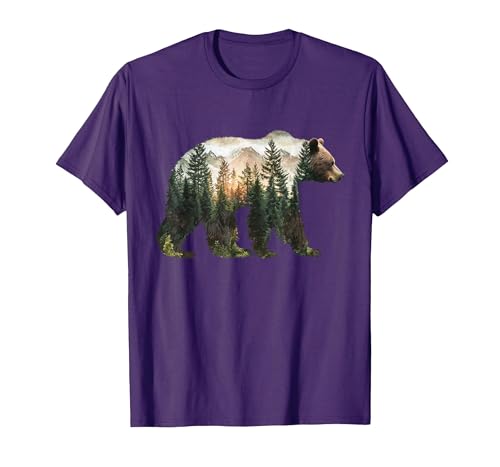 Bear Designs. Bear Forest Mountains Trees Nature Sunset Outdoor Graphic T-Shirt - size chart