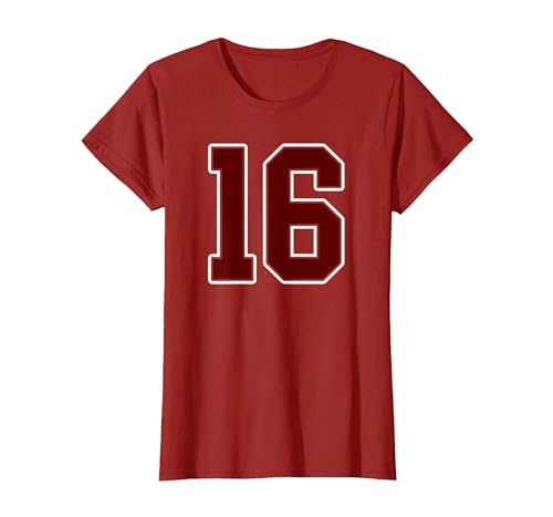 Maroon Number 16 Jersey Player Uniform #16 Gifts Maroon and White Number 16 Jersey Player Uniform #16 Fan T-Shirt - size