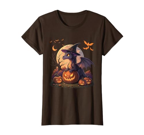 Halloween Dragons Fantasy Spooky Witchy Cute Halloween Dragon Witch Hat Pumpkin Moon Fantasy T-Shirt - size chart