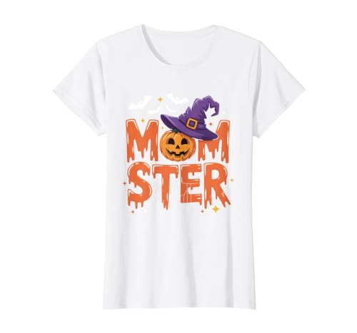 Mom-ster Halloween Funny Witch Hat Pumpkin Mom Momster Mom Mommy Matching Family Halloween Costume Women T-Shirt - size chart