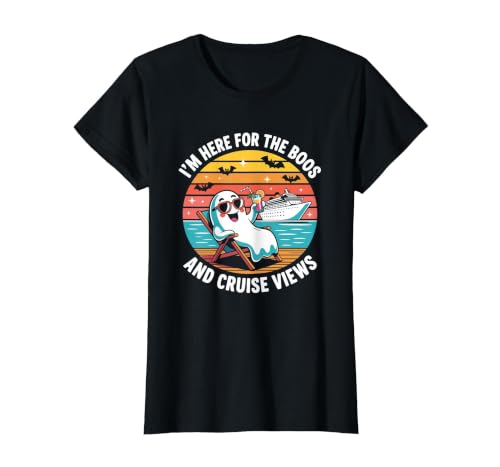 Boos Cruise Halloween Ghost Drinking Gifts Here for The Boos and Cruise Views Halloween Party T-Shirt - size chart