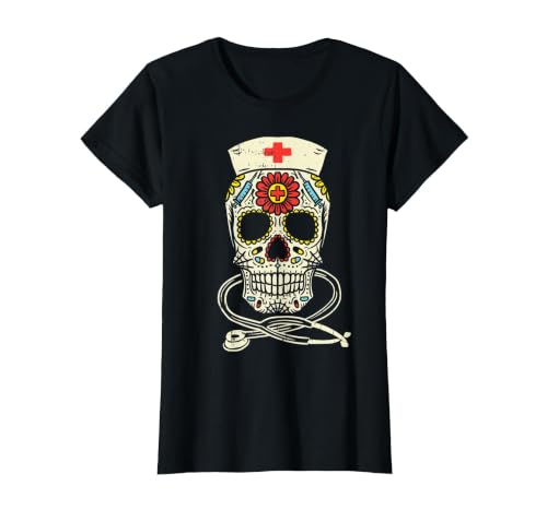 Halloween Nurse Shirts For Women Scrub Costumes Nurse Sugar Skull Stethoscope RN Medical Halloween Costume T-Shirt - size
