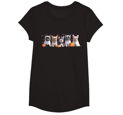 Funny Ghost Dog Halloween Girls Kids Cute French Bulldog Halloween Costume Frenchie Dog Ghost T-Shirt - size chart