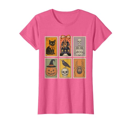 Halloween Stamp Cute Ghost Cute Fall Apparel Vintage Halloween Stamp Cute Ghost Pumpkin Cat Retro Fall T-Shirt - size chart