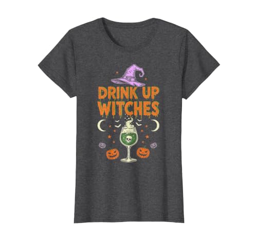 Funny Halloween Tees for Men Women Kids. Drink Up Witches Purple Hat Funny Halloween Men Women T-Shirt - size chart