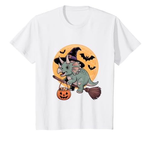Triceratops Lover Dino Halloween Party Wear Triceratops Witch Hat Pumpkin Halloween Costume Men Women T-Shirt - size chart