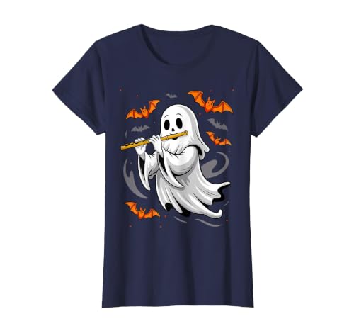 Ghost Halloween Lover Gift Co. Boo Ghost Playing Flute Halloween Musical Instrument T-Shirt - size chart