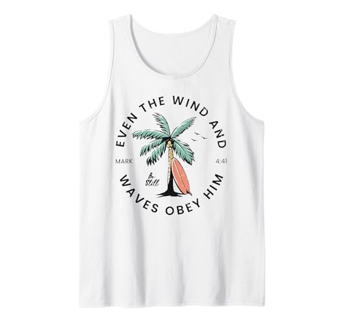 Surf Board And Palm Tree Summer Beach Tee Retro Even The Wind and The Waves Christian Bible Beach Tank Top - size chart