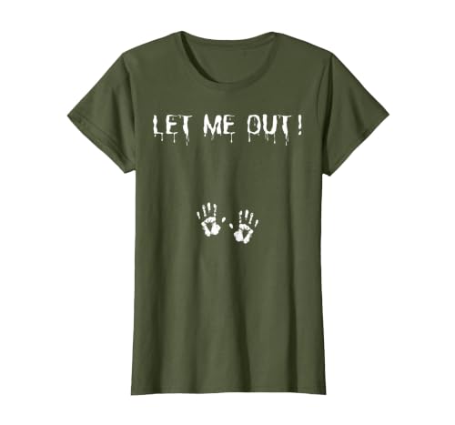 Spooky Halloween Costume Outfit Vintage Let Me Out Pregnancy Hand Print Pregnant Halloween T-Shirt - size chart