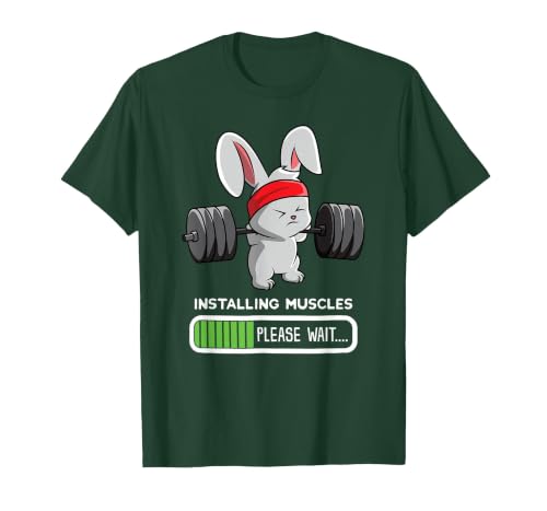 Bunny Gym Rabbit Weights Installing Muscles T-Shirt — design detail