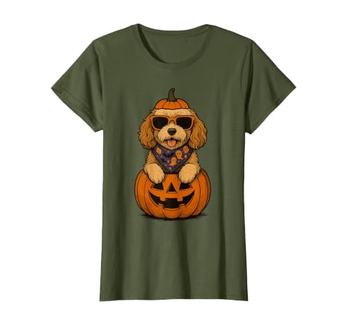 Funny Retro Maltipoo mom Halloween Spooky Cavapoo Pumpkin Halloween Doodle Dog Lover T-Shirt - size chart