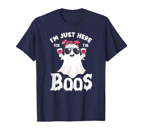 Addictive Designs Halloween Merch Funny Halloween, Just Here for the Boos, Ghost Drinking Wine T-Shirt - size chart
