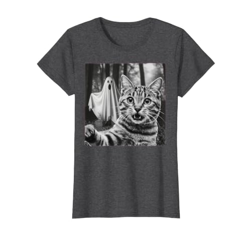 Halloween Cat Selfie with Spooky Ghost t -shir t Halloween Cat Selfie with Spooky Ghost T-Shirt - size chart