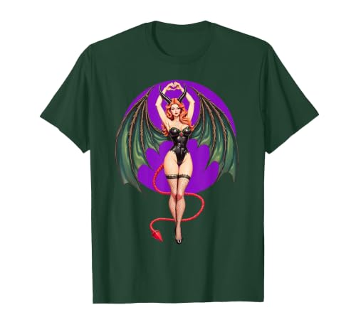 Classic Vintage Pin-Up Sexy Girl by YUX Sexy Succubus Monster Halloween Hand Heart Pin-Up Girl Devil T-Shirt - size chart