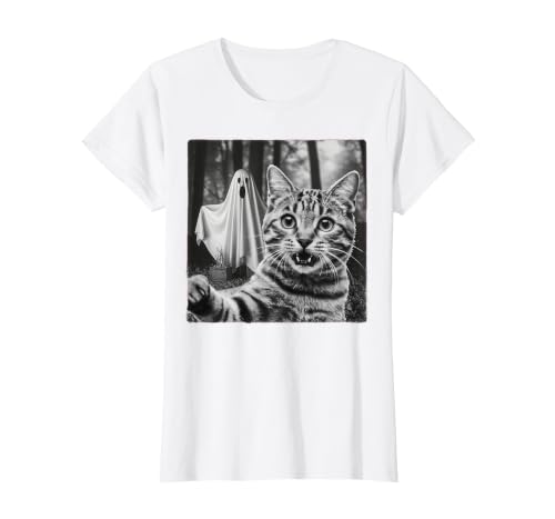 Halloween Cat Selfie with Spooky Ghost t -shir t Halloween Cat Selfie with Spooky Ghost T-Shirt - size chart