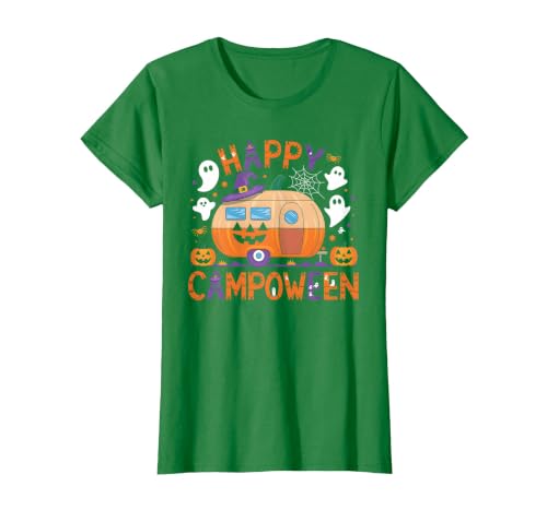 Spooky Camp-O-Ween Ghosts and Campfire Apparel Happy Camp-O-Ween Halloween Camping Ghosts and Campfires T-Shirt - size chart