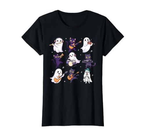 Halloween Music Teacher Ghost Music Lover Cute Ghost Cat Playing Musical Halloween Music Teacher T-Shirt - size chart