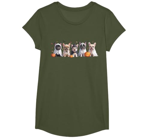 Funny Ghost Dog Halloween Girls Kids Cute French Bulldog Halloween Costume Frenchie Dog Ghost T-Shirt - size chart