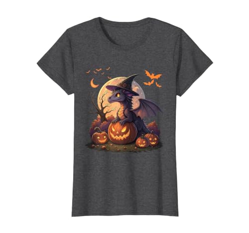 Halloween Dragons Fantasy Spooky Witchy Cute Halloween Dragon Witch Hat Pumpkin Moon Fantasy T-Shirt - size chart