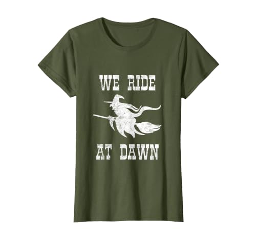 Halloween Witch Broomstick Costume Shop We Ride At Dawn Spooky Witch Broomstick Halloween Costume T-Shirt - size chart