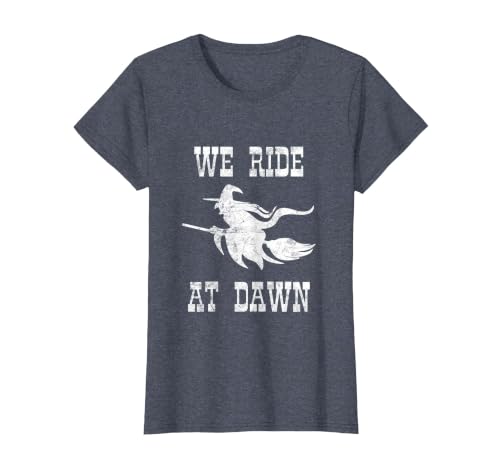 Halloween Witch Broomstick Costume Shop We Ride At Dawn Spooky Witch Broomstick Halloween Costume T-Shirt - size chart