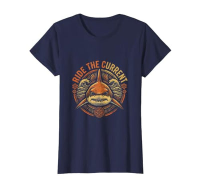 Ride the Current Shark Ocean Graphic Design T-Shirt