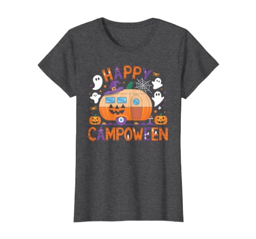 Spooky Camp-O-Ween Ghosts and Campfire Apparel Happy Camp-O-Ween Halloween Camping Ghosts and Campfires T-Shirt - size chart