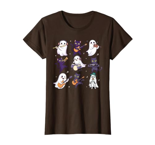 Halloween Music Teacher Ghost Music Lover Cute Ghost Cat Playing Musical Halloween Music Teacher T-Shirt - size chart