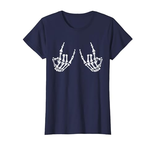 Halloween Tees for Women Men Kids Rocker Hand Sign Rock Skeleton Halloween Costume Men Women T-Shirt - size chart