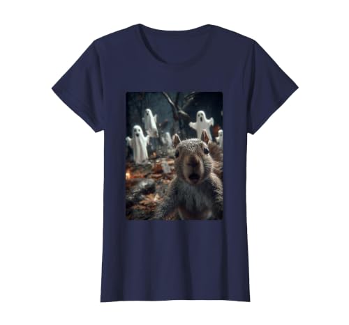 Funny Halloween Animals Selfies Clothing Funny Squirrel Selfie with Ghosts Haunted Forest Halloween T-Shirt - size chart