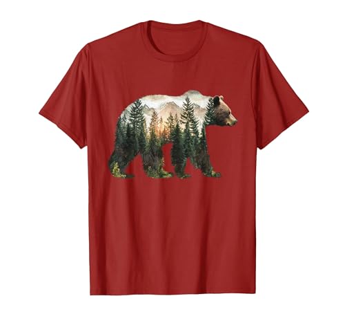 Bear Designs. Bear Forest Mountains Trees Nature Sunset Outdoor Graphic T-Shirt - size chart