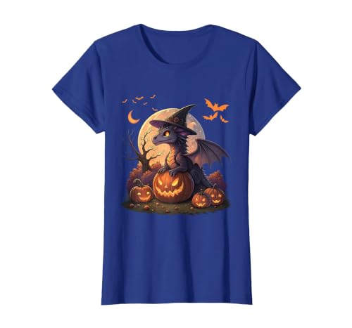 Halloween Dragons Fantasy Spooky Witchy Cute Halloween Dragon Witch Hat Pumpkin Moon Fantasy T-Shirt - size chart