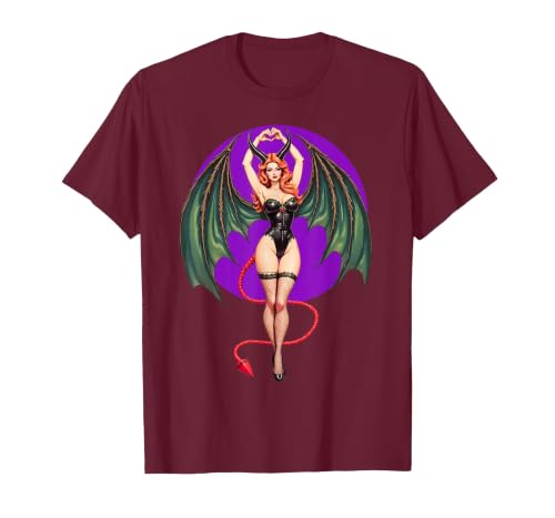 Classic Vintage Pin-Up Sexy Girl by YUX Sexy Succubus Monster Halloween Hand Heart Pin-Up Girl Devil T-Shirt - size chart