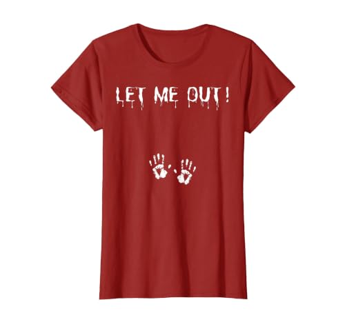 Spooky Halloween Costume Outfit Vintage Let Me Out Pregnancy Hand Print Pregnant Halloween T-Shirt - size chart
