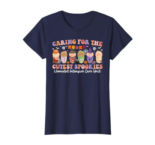Halloween NICU Nurse Neonatal Intensive Care Caring for The Cutest Little Spookies NICU Nurse Halloween T-Shirt - size chart