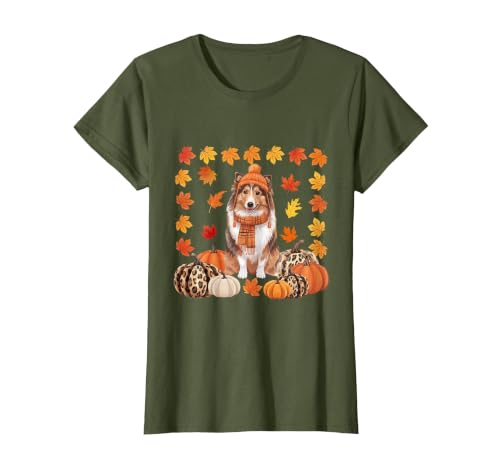 Shetland Sheepdog Sheltie Shop Sheltie Shetland Sheepdog Pumpkins Fall Leaves Halloween T-Shirt - size chart