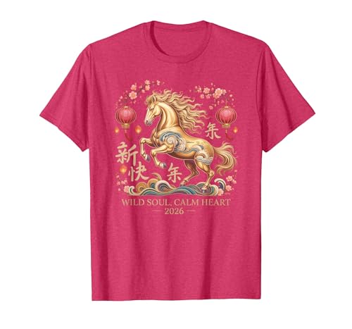 Chinese New Year 1990 Birthday Fortune Prosper Red Festive 2026 Horse Lady Crazy Wild Soul Calm Heart Lunar T-Shirt - size chart