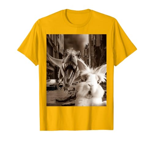 Funny Bunny Rabbit Selfie with T-Rex Tyrannosaurus Dinosaur T-Shirt — design detail