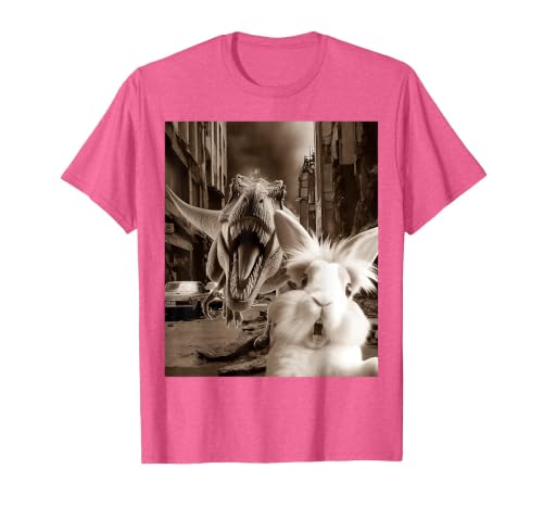 Funny Bunny Rabbit Selfie with T-Rex Tyrannosaurus Dinosaur T-Shirt — design detail