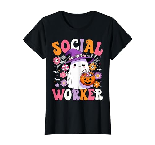 Groovy Social Worker Halloween Ghost Costume Halloween Social Worker Ghost Cute Social Worker Halloween T-Shirt - size chart