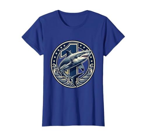 Mademark Shark Swimming Through 10 Banner 10th Birthday T-Shirt - size chart