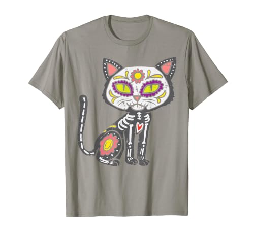 Halloween Cat Shirts For Women Men Kids Owner Sugar Skull Cat Dia De Muertos Day of Dead Halloween Mexican T-Shirt - size