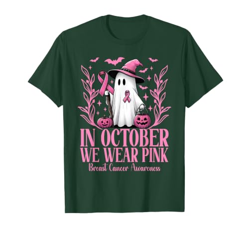 Arich.Tee's Breast Cancer Awareness Ghost in October We Wear Pink Breast Cancer Witch Ghost Halloween T-Shirt - size chart