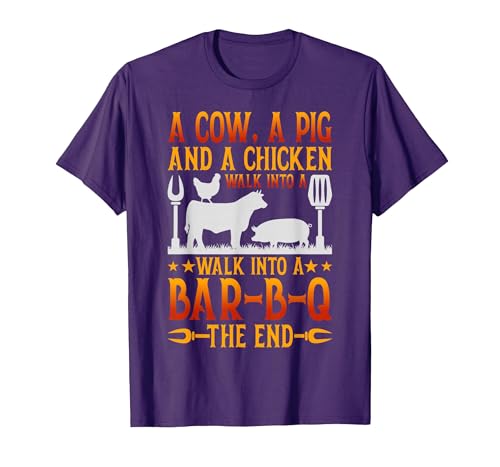 Cow A Pig And A Chicken gift idea A Cow A Pig and A Chicken Walk Into A BBQ The End Barbecue T-Shirt - size chart