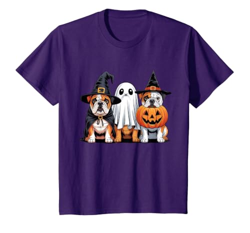 English Bulldog Halloween Funny Dog Lover Pumpkin Witch T-Shirt - size chart